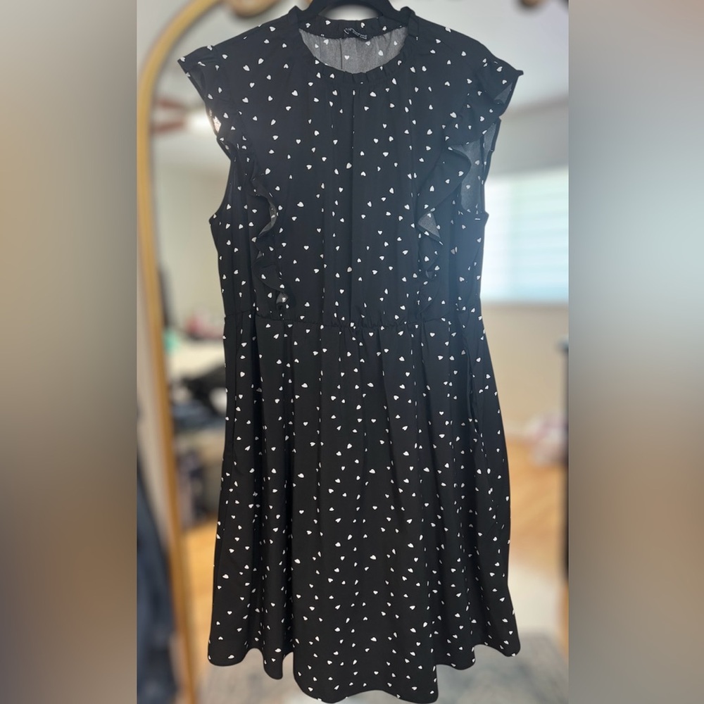 BloomChic Black Dress with Cream Heart Pattern & Ruffle Sleeve